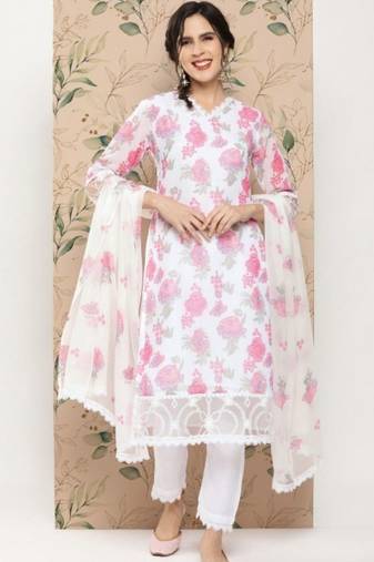 women floral printed regular kurta with trousers & with dupatta