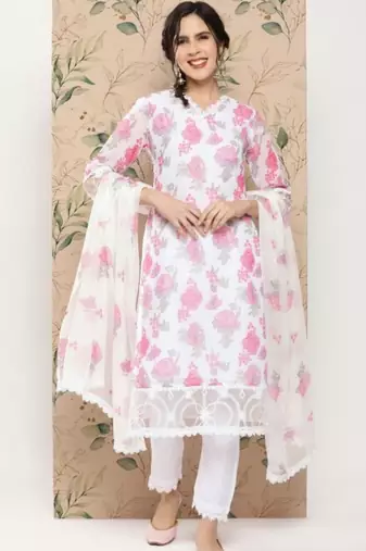 women floral printed regular kurta with trousers & with dupatta