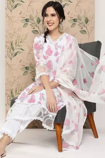 women floral printed regular kurta with trousers & with dupatta