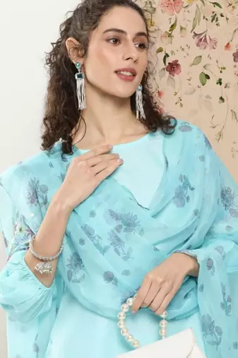 women floral regular thread work kurta with patiala & with dupatta