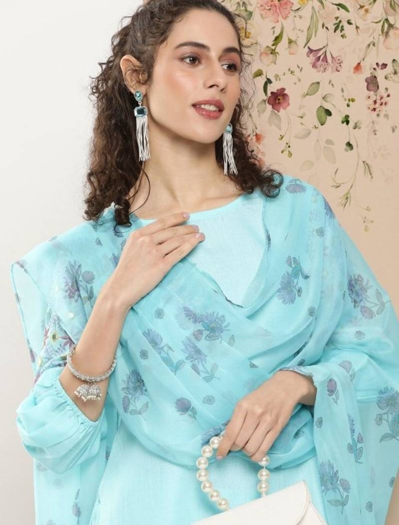 women floral regular thread work kurta with patiala & with dupatta