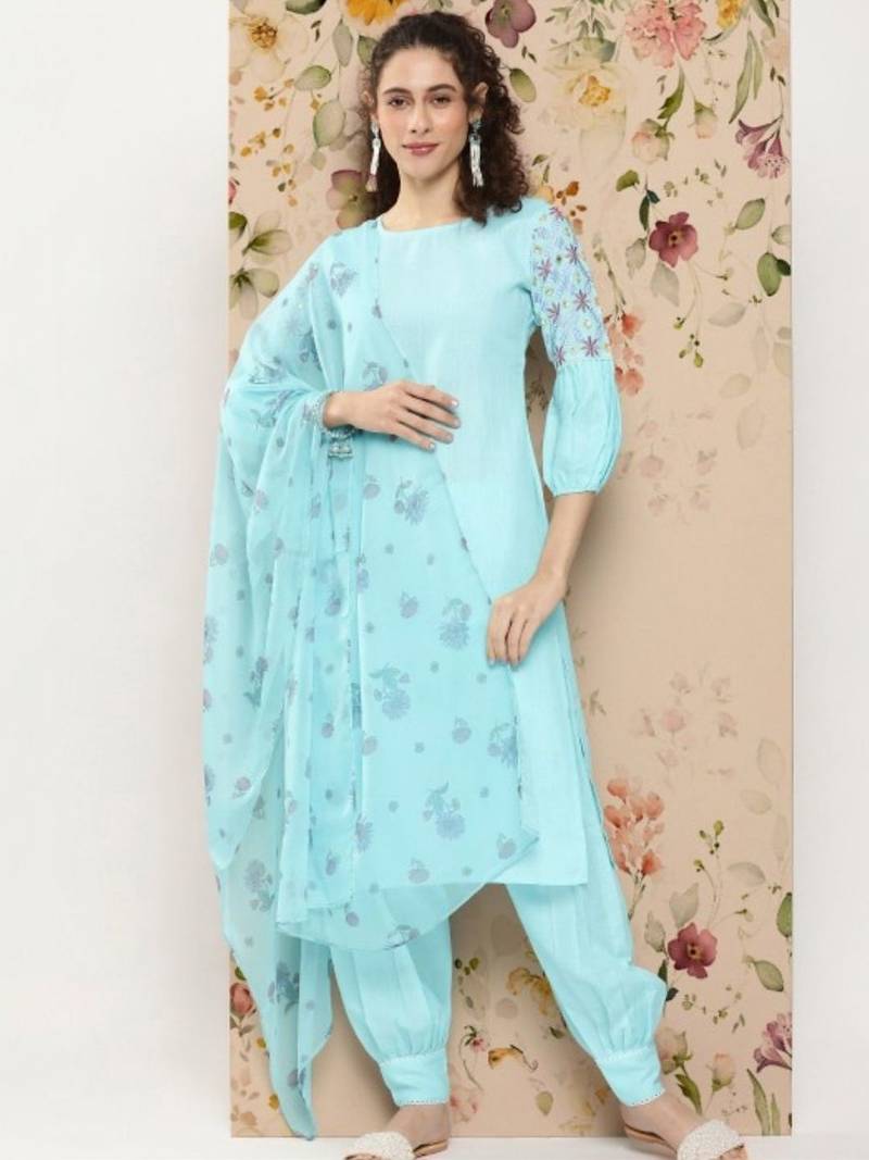 women floral regular thread work kurta with patiala & with dupatta