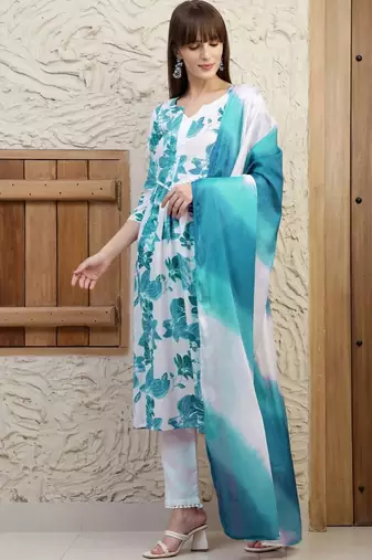 women floral printed regular  cotton kurta with trousers & with dupatta
