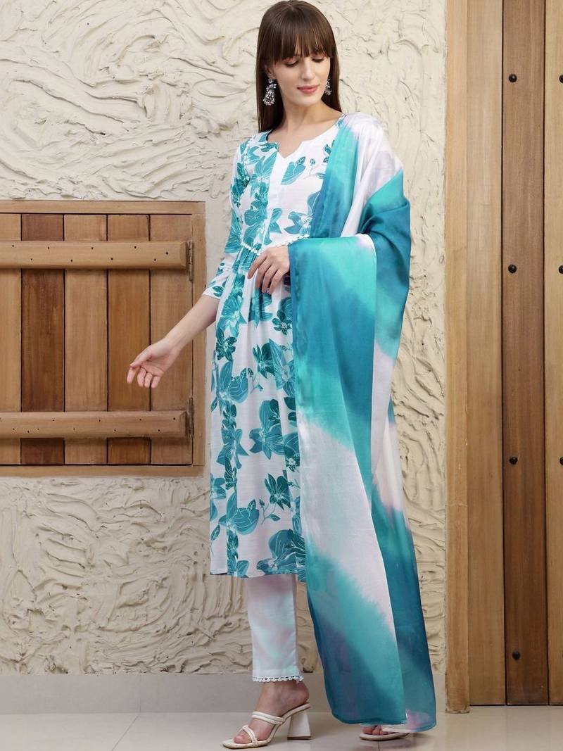 women floral printed regular  cotton kurta with trousers & with dupatta