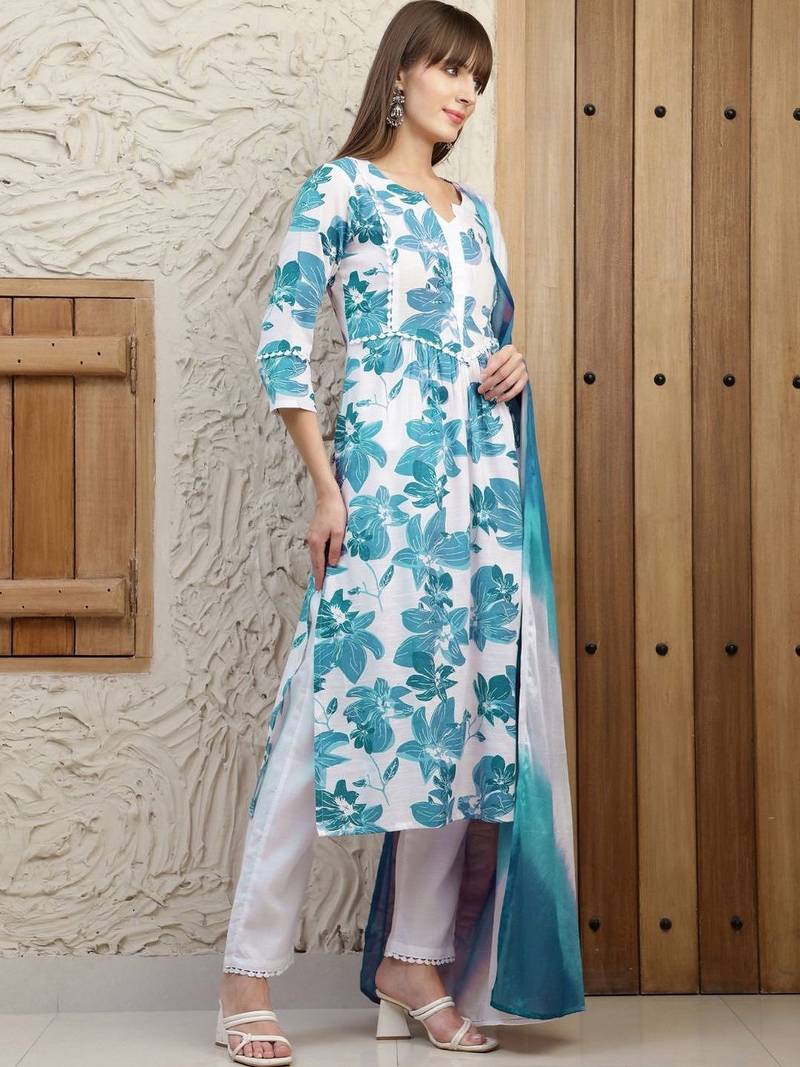 women floral printed regular  cotton kurta with trousers & with dupatta