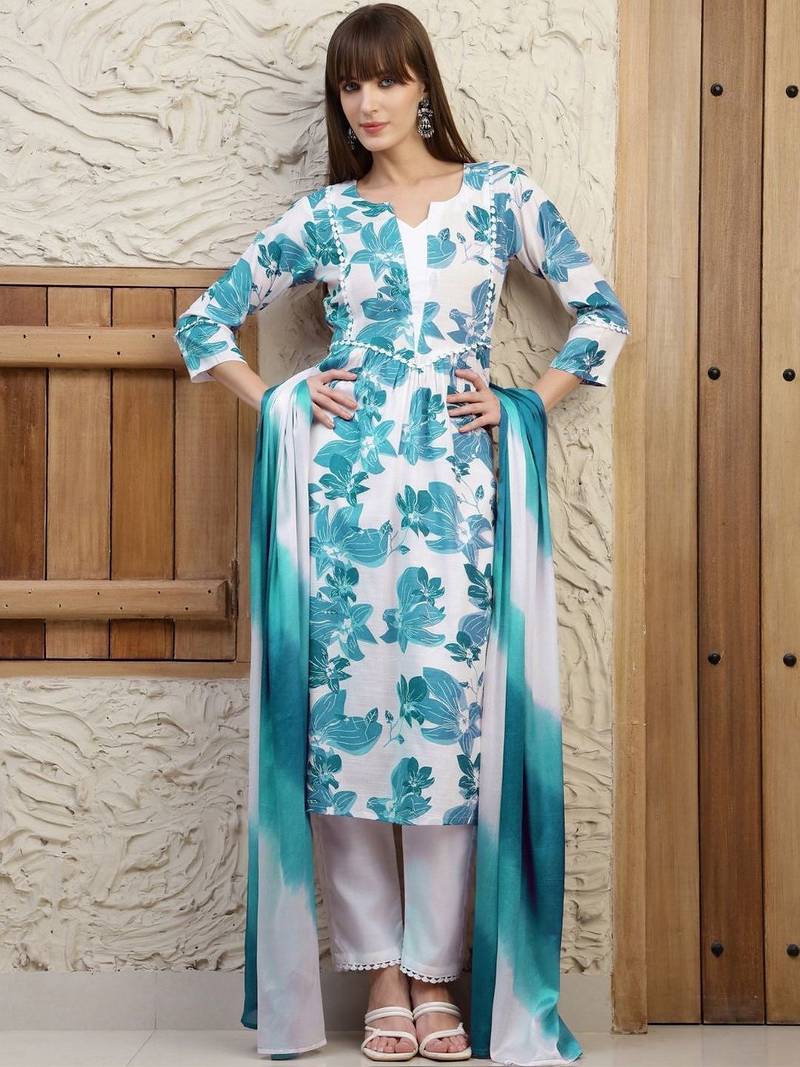 women floral printed regular  cotton kurta with trousers & with dupatta