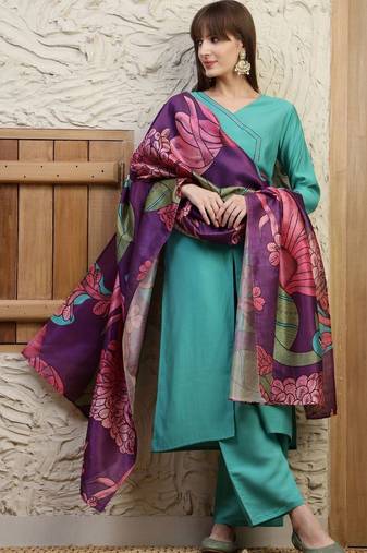 women floral regular thread work kurta with palazzos & with dupatta