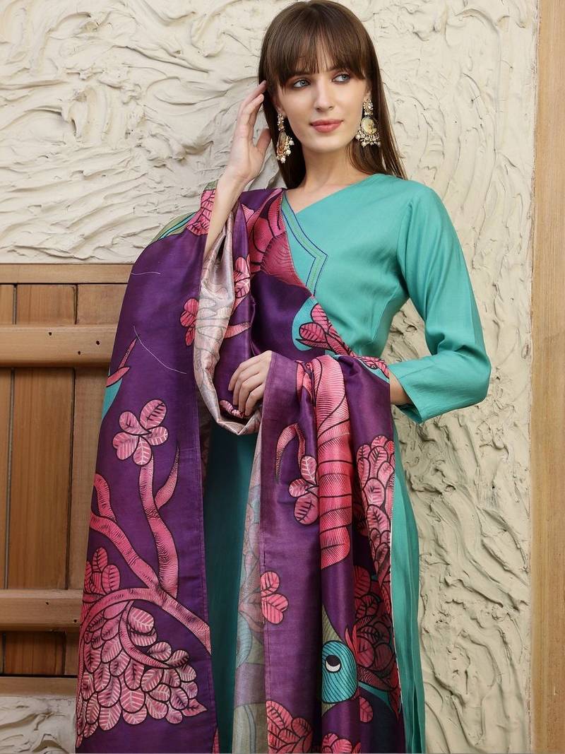 women floral regular thread work kurta with palazzos & with dupatta