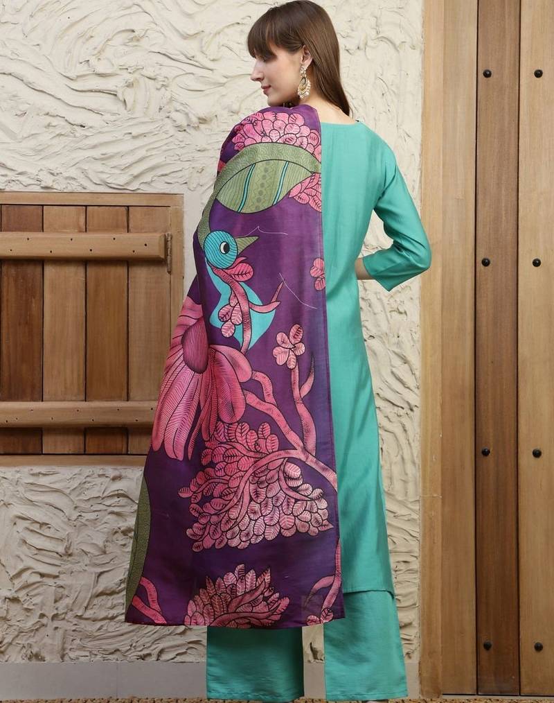 women floral regular thread work kurta with palazzos & with dupatta