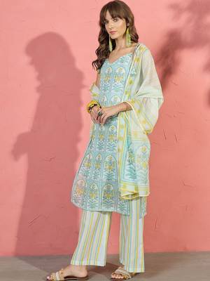 women floral printed regular linen kurta with palazzos & with dupatta 1