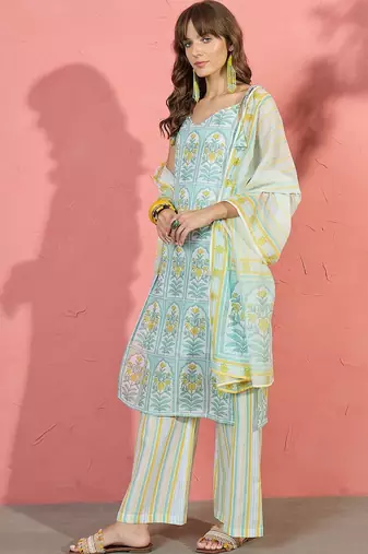 women floral printed regular linen kurta with palazzos & with dupatta