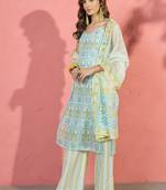 women floral printed regular linen kurta with palazzos & with dupatta