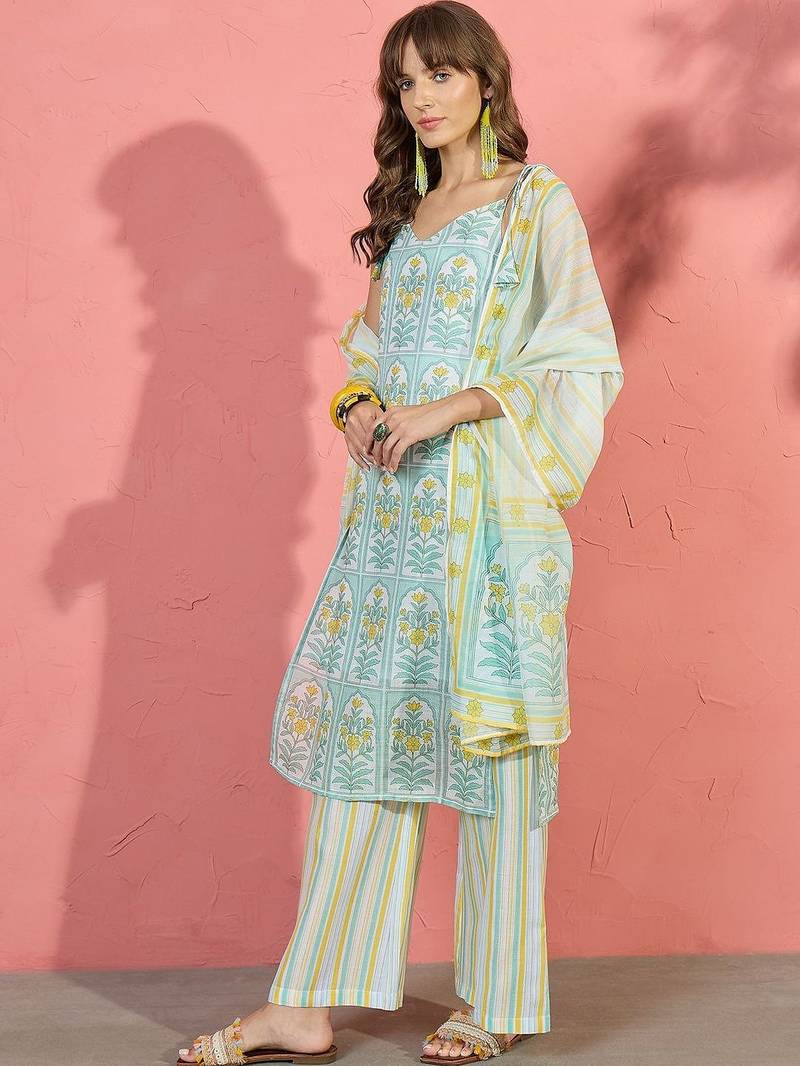 women floral printed regular linen kurta with palazzos & with dupatta