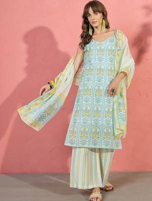 women floral printed regular linen kurta with palazzos & with dupatta 2