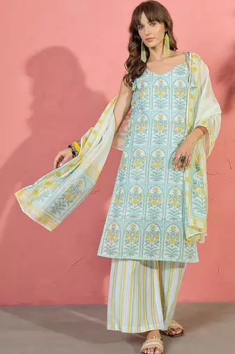 women floral printed regular linen kurta with palazzos & with dupatta