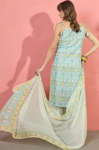 women floral printed regular linen kurta with palazzos & with dupatta