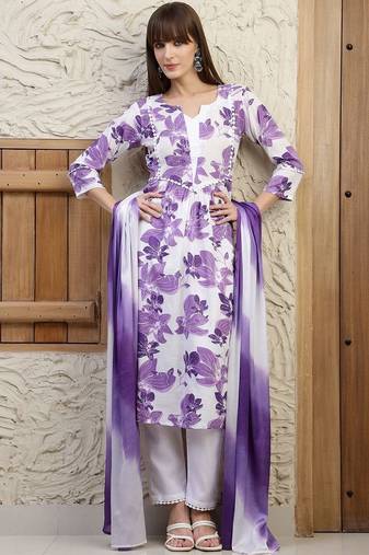 women floral printed empire  cotton kurta with trousers & with dupatta