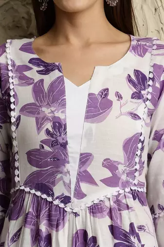women floral printed empire  cotton kurta with trousers & with dupatta