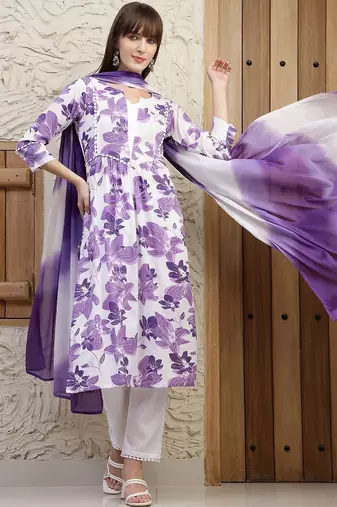 women floral printed empire  cotton kurta with trousers & with dupatta