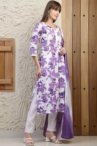 women floral printed empire  cotton kurta with trousers & with dupatta