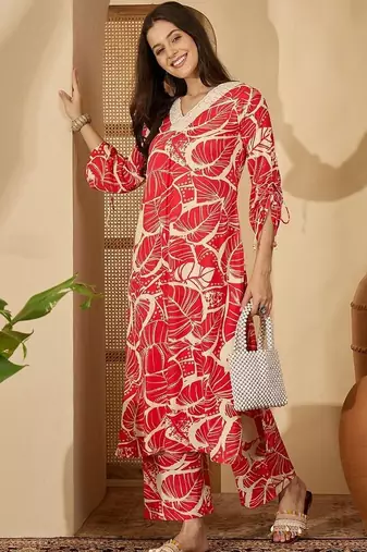 women floral printed v-neck thread work kurta with palazzos