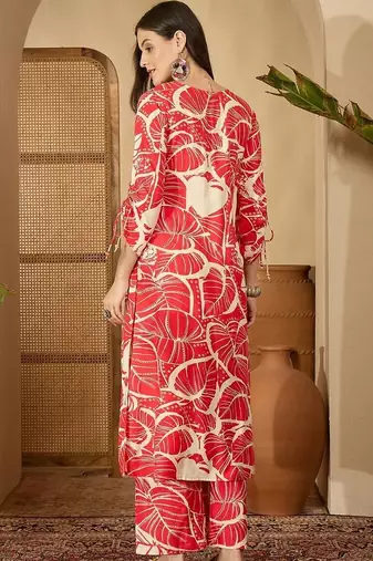 women floral printed v-neck thread work kurta with palazzos