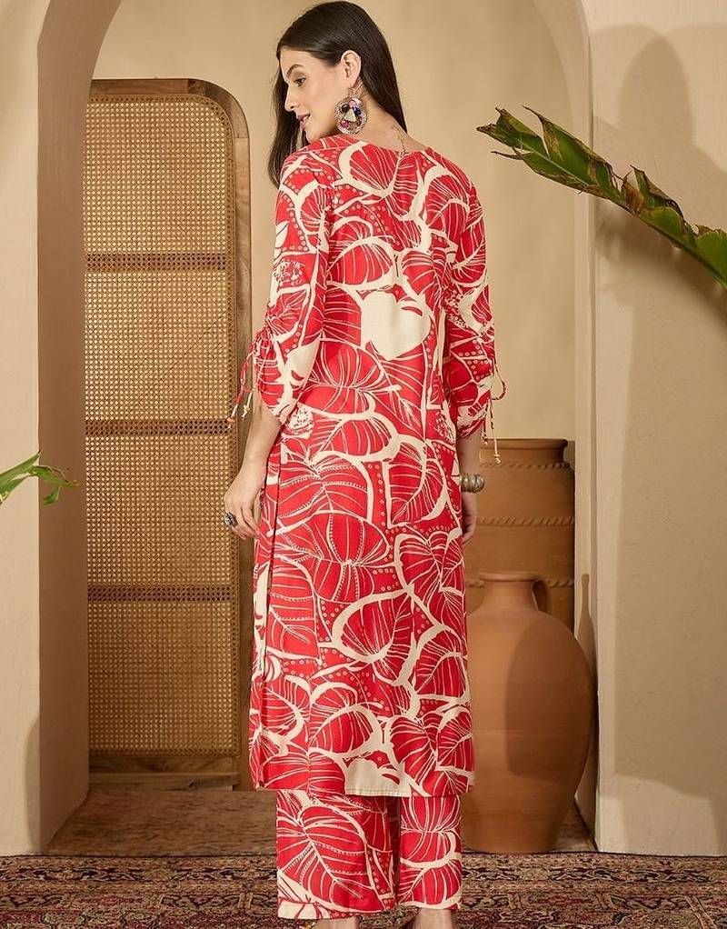 women floral printed v-neck thread work kurta with palazzos