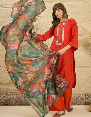 women regular thread work kurta with palazzos & with dupatta 1