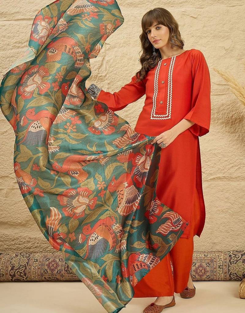 women regular thread work kurta with palazzos & with dupatta