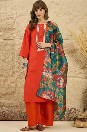 women regular thread work kurta with palazzos & with dupatta