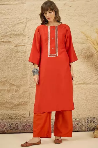 women regular thread work kurta with palazzos & with dupatta