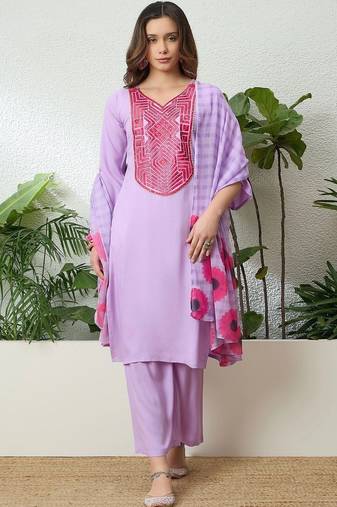 women ethnic motifs embroidered regular thread work kurta with trousers & with dupatta