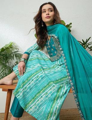 women leheriya printed regular zardozi kurta with trousers & with dupatta 1