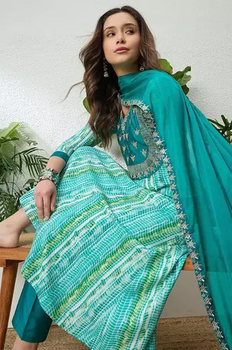 women leheriya printed regular zardozi kurta with trousers & with dupatta