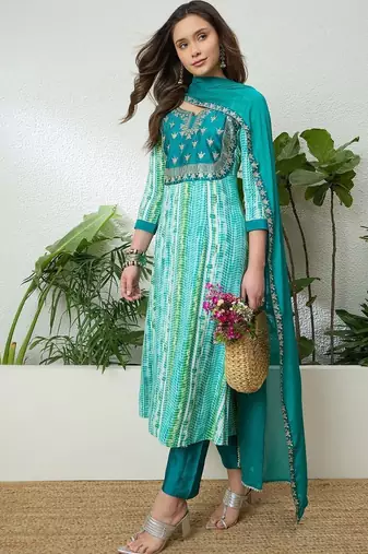 women leheriya printed regular zardozi kurta with trousers & with dupatta