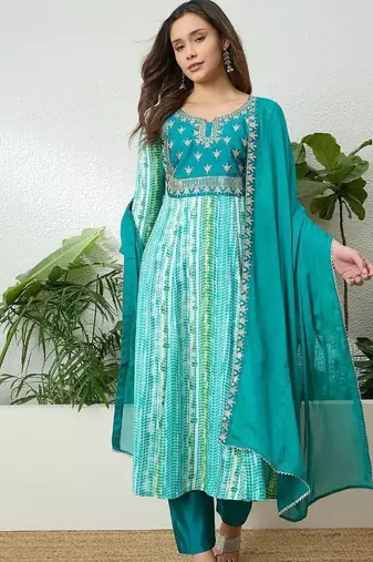 women leheriya printed regular zardozi kurta with trousers & with dupatta