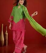 women leheriya print linen kurta with farshi salwar set