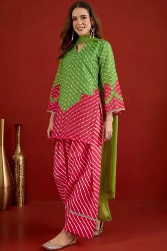 women leheriya print linen kurta with farshi salwar set