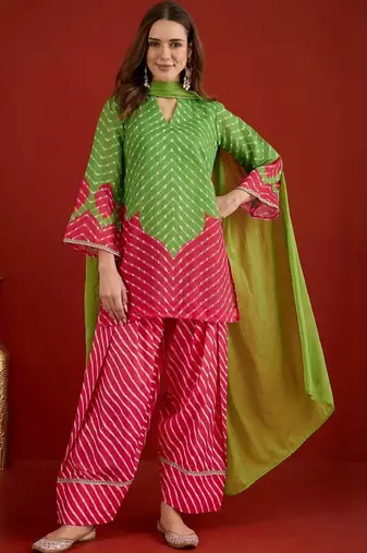 women leheriya print linen kurta with farshi salwar set