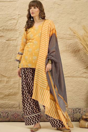 women floral printed regular linen kurta with palazzos & with dupatta