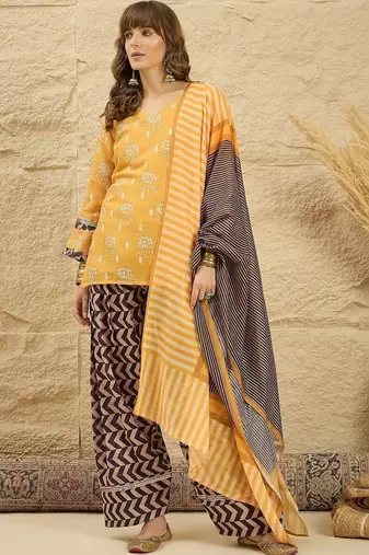 women floral printed regular linen kurta with palazzos & with dupatta