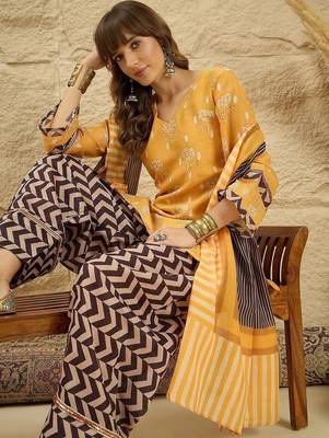women floral printed regular linen kurta with palazzos & with dupatta 2