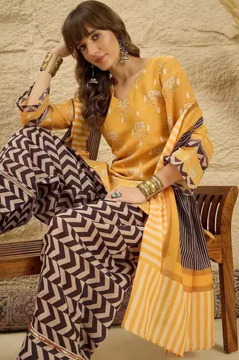 women floral printed regular linen kurta with palazzos & with dupatta