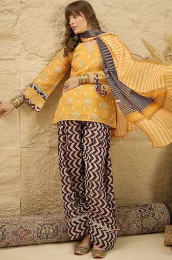 women floral printed regular linen kurta with palazzos & with dupatta
