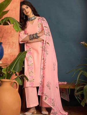 women cotton floral embroidered thread work kurta with palazzos & dupatta 1