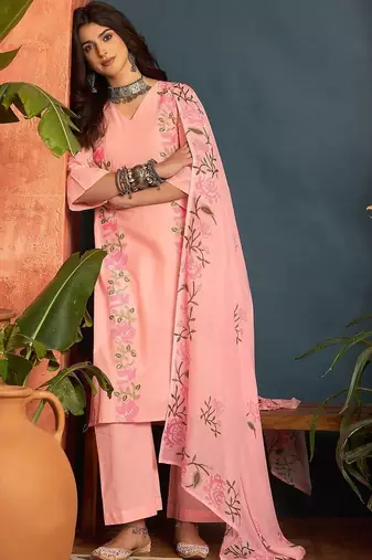 women cotton floral embroidered thread work kurta with palazzos & dupatta