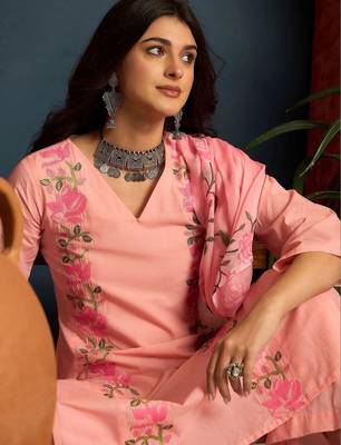 women cotton floral embroidered thread work kurta with palazzos & dupatta 2
