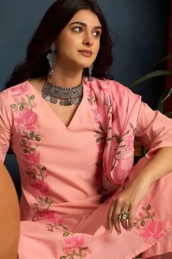 women cotton floral embroidered thread work kurta with palazzos & dupatta