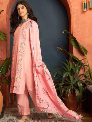 women cotton floral embroidered thread work kurta with palazzos & dupatta 3