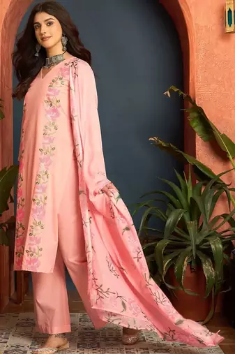 women cotton floral embroidered thread work kurta with palazzos & dupatta